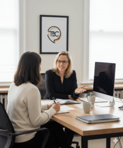 Deux femmes en discussion professionnelle.