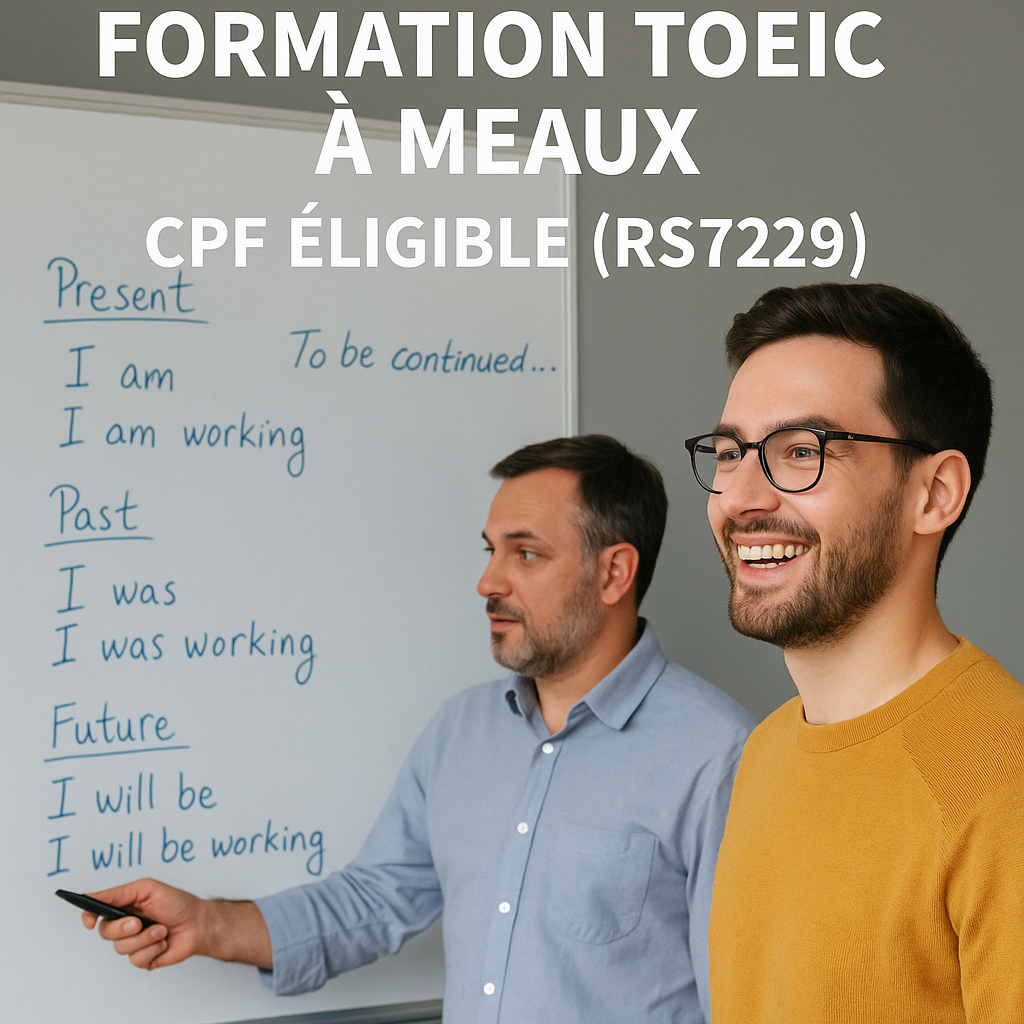 Formation TOEIC à Meaux 1 Formation TOEIC anglais à Meaux : un formateur explique des tableaux à un adulte heureux d’avoir compris, préparation au TOEIC avec To Be Continued Formation