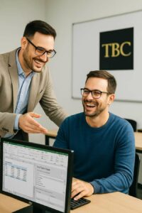 Formation Bureautique (Eligible CPF) 1 Formation Excel TOSA RS7256 à Serris 77 : un formateur explique les tableaux croisés dynamiques à un apprenant qui sourit, dans une salle To be Continued.